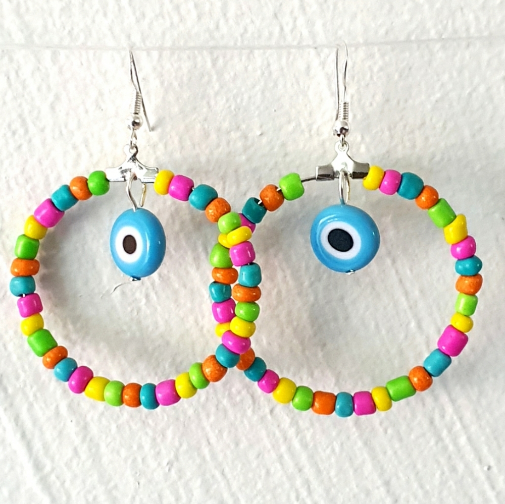 Evil Eye Multicolor Glass Seed Beads Hoop Earings